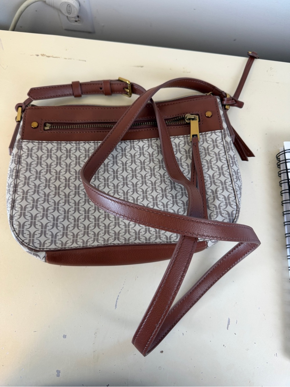 Fossil Farrah Logo Crossbody Bag Purse Monogram Faux Leather Neutral Brown